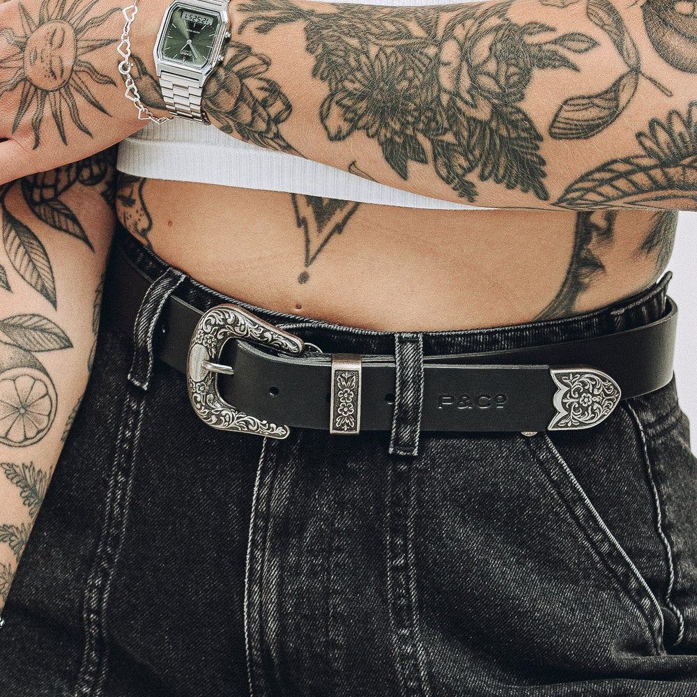 Dolly Western Leather Belt - Black | Leather Goods ‐ P&Co  display picture 1