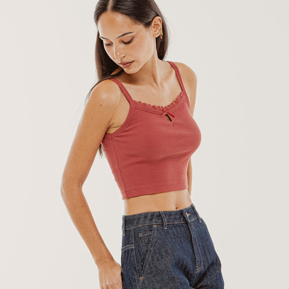 Red Lexie Lace-Trim Ribbed Cami | Women's Tops, Vests, Tanks