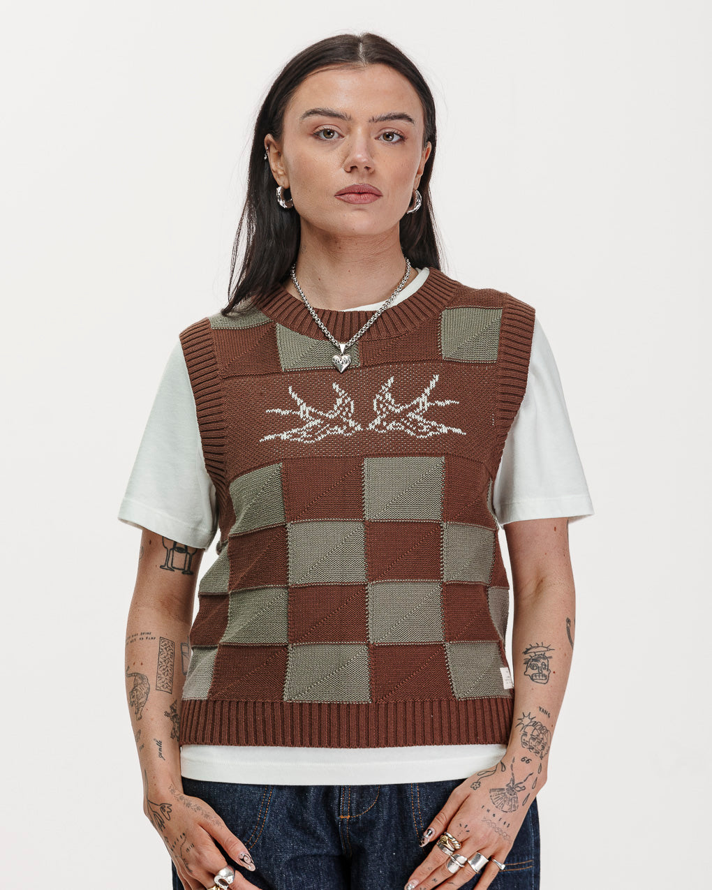 Sparrow Knitted Vest - Olive Checkerboard