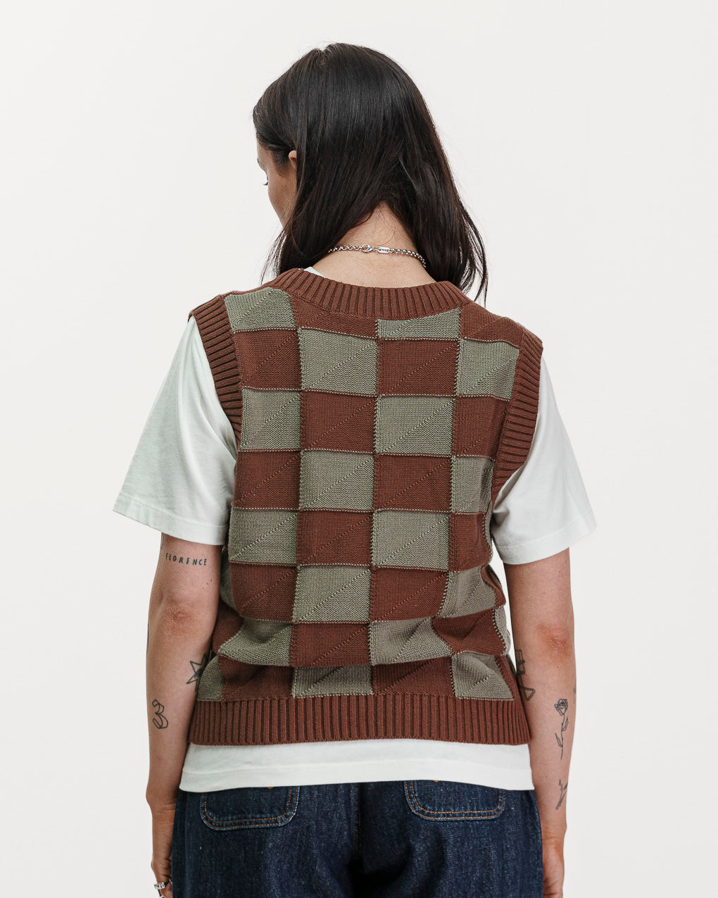 Sparrow Knitted Vest - Olive Checkerboard