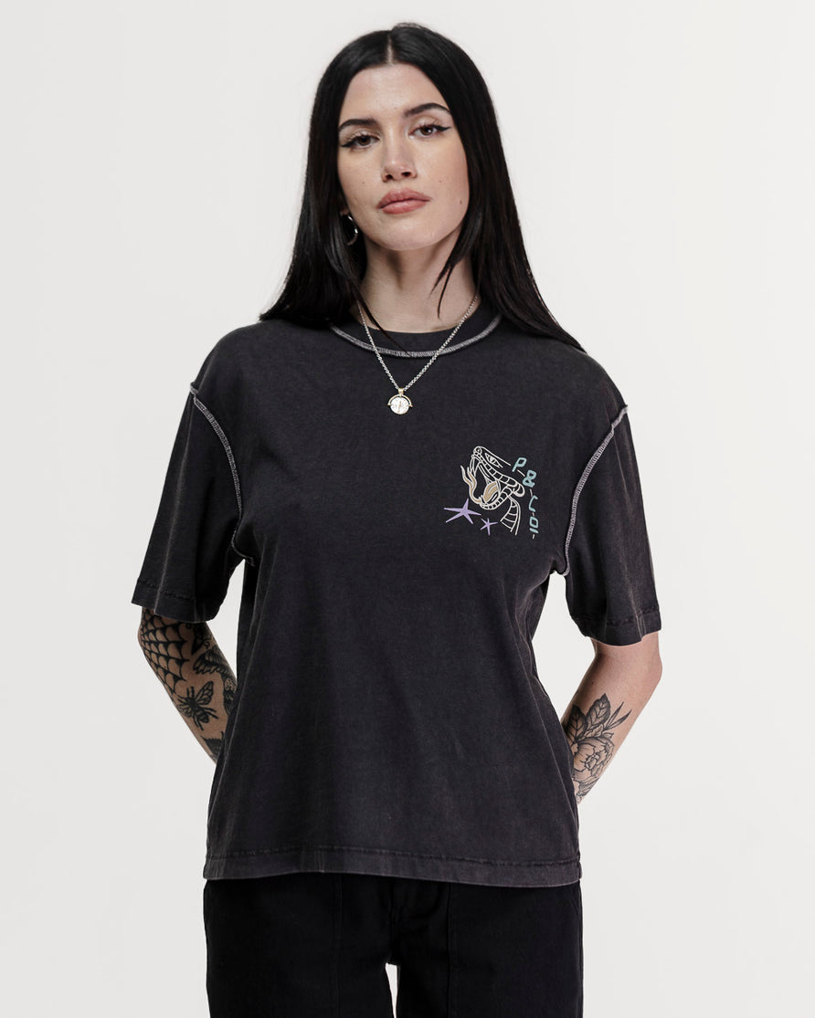 Snakebite Sally's Boxy T-Shirt - Acid Wash