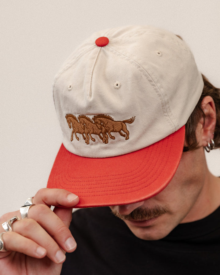 Bronco 5 Panel Cap - Ecru & Red