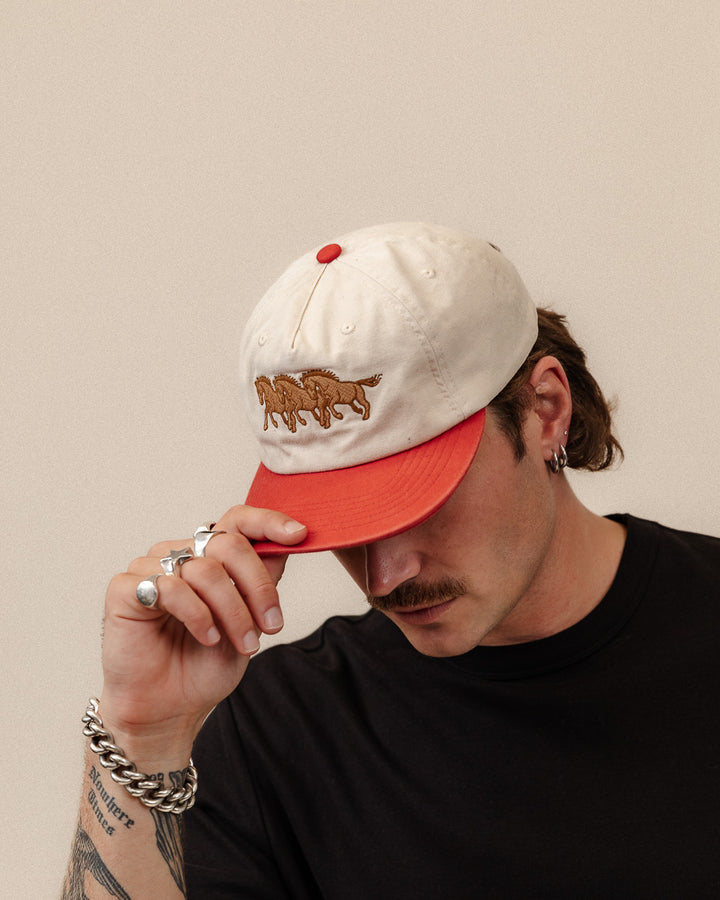 Bronco 5 Panel Cap - Ecru & Red