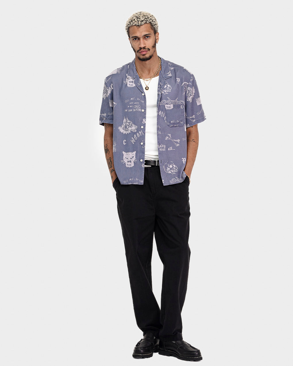 Neon Bones Bowling Shirt - Smoke Blue