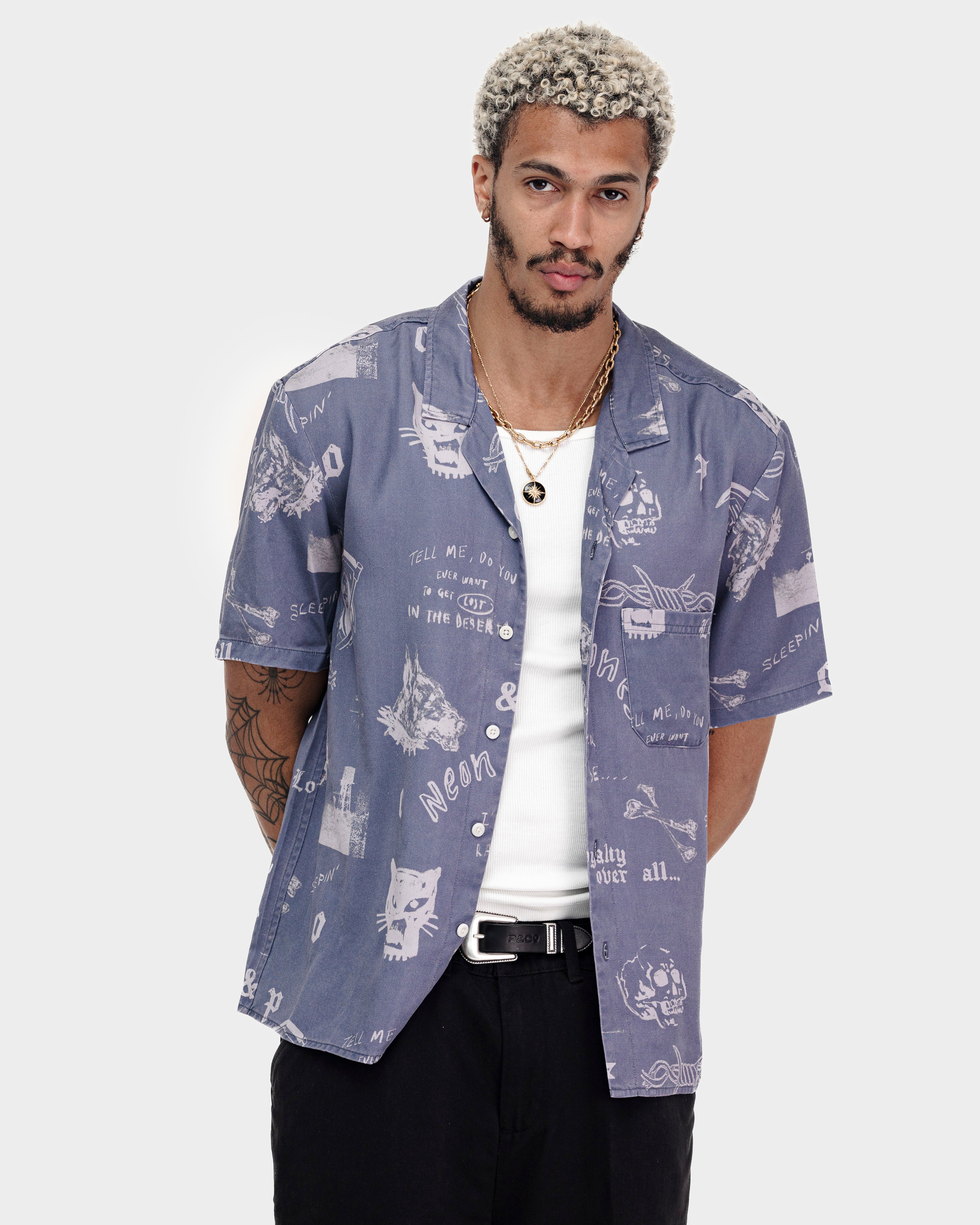 Neon Bones Bowling Shirt - Smoke Blue