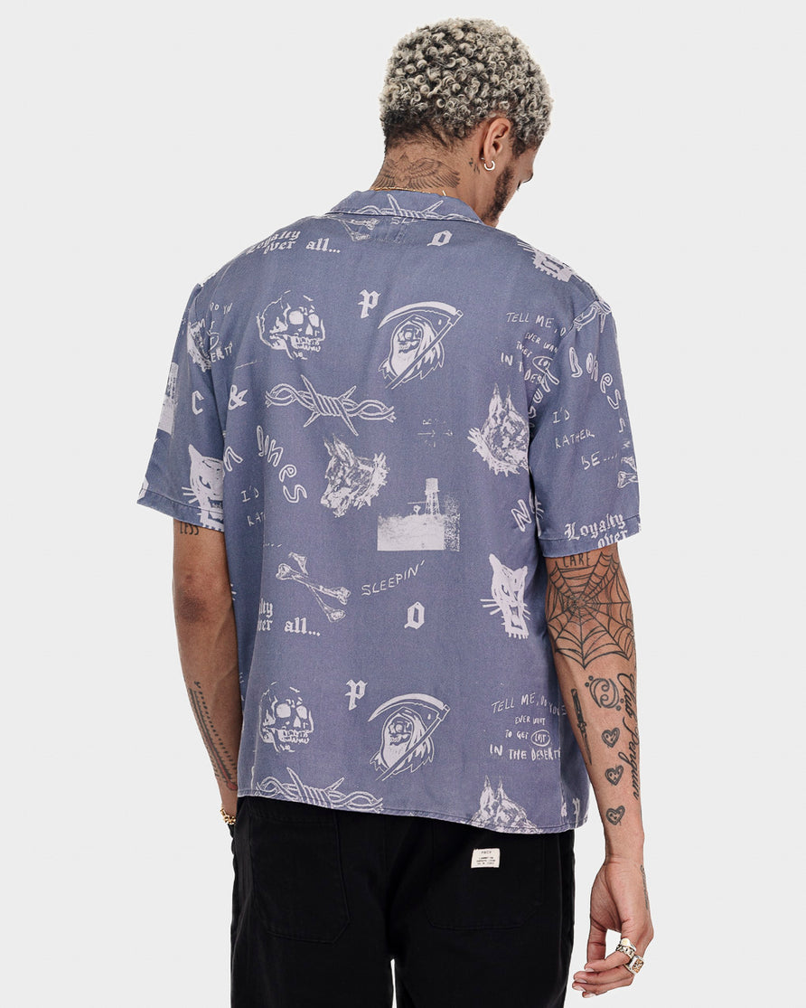 Neon Bones Bowling Shirt - Smoke Blue