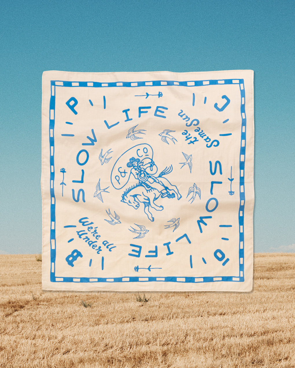 Slow Life Bandana - Ecru & Blue