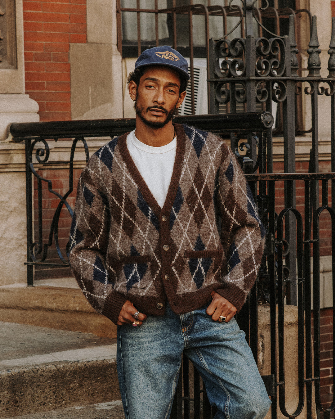 Fairway Brushed Cardigan - Brown Argyle