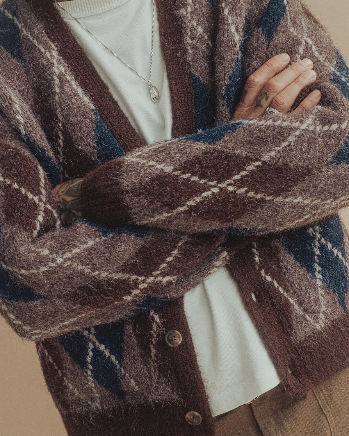 Fairway Brushed Cardigan - Brown Argyle