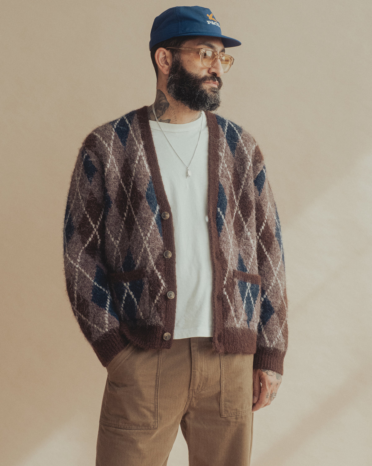 Fairway Brushed Cardigan - Brown Argyle