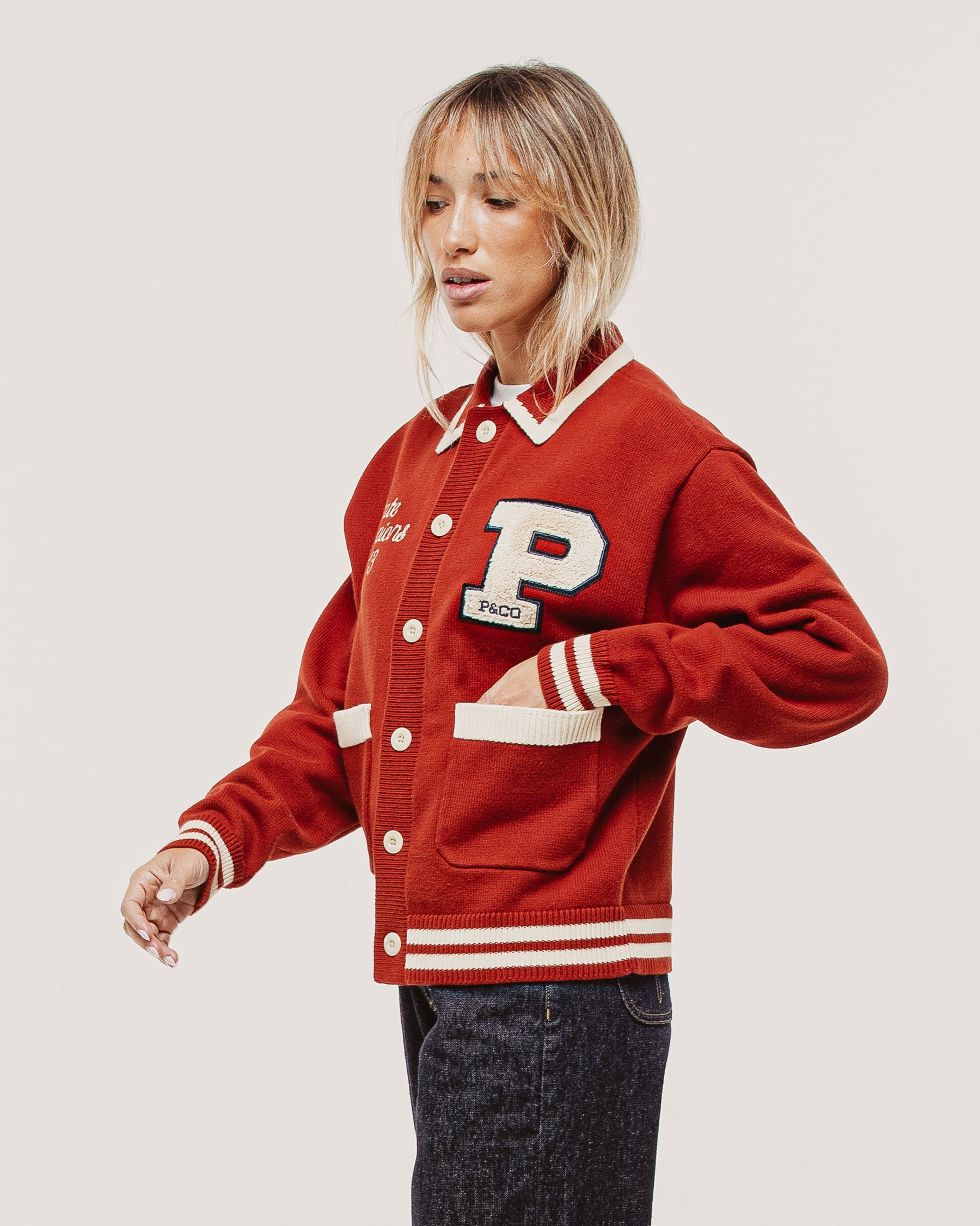 Varsity Knitted Cardigan - Brick Red