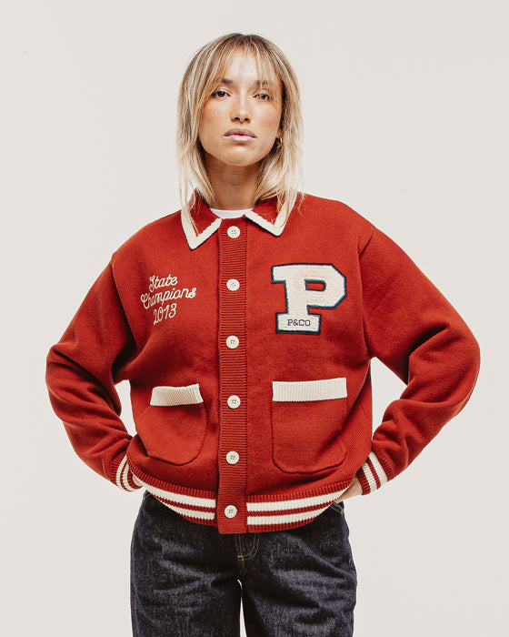 Varsity Knitted Cardigan - Brick Red