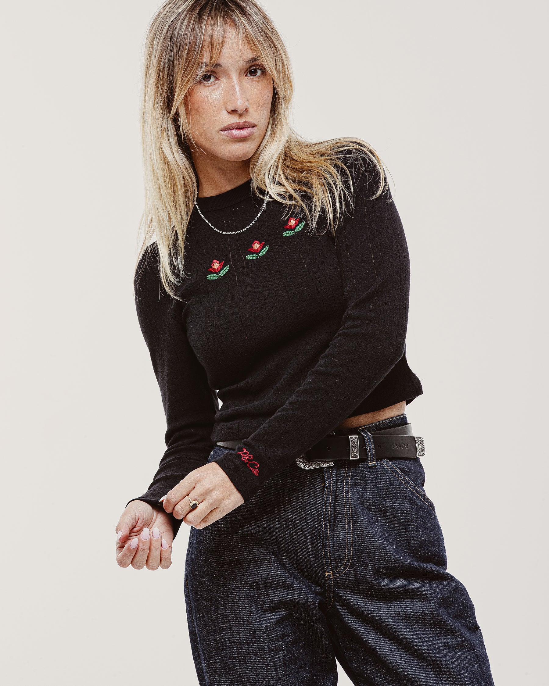Stevie Flower Embroidered Longsleeve - Washed Black