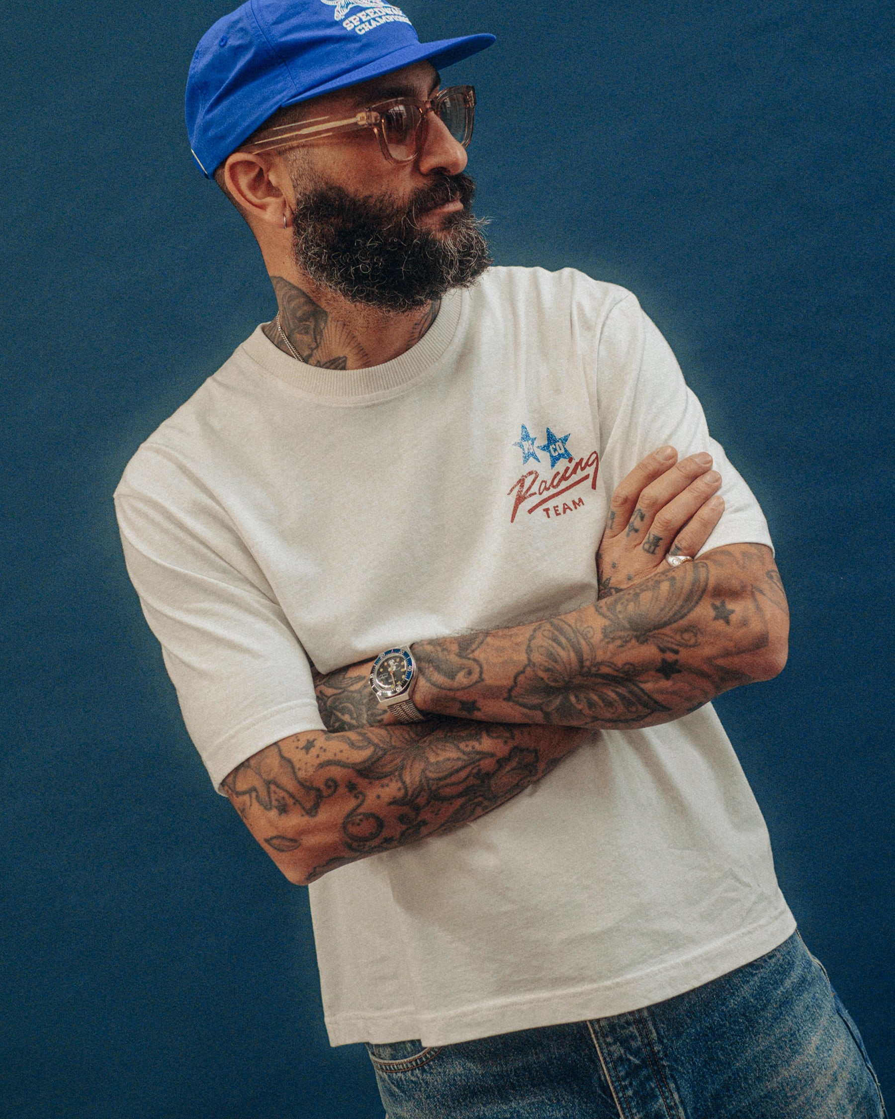 Ecru & Navy Track 1/4 Zip Jersey | Unisex, Men's, Womens Tops
