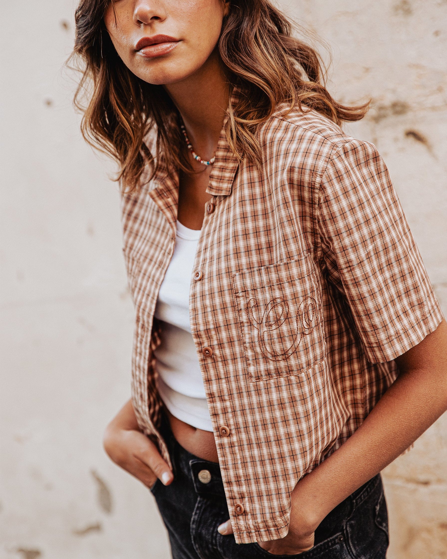Taupe Plaid Françoise Cropped Shirt | Women's Shirts ‐ P&Co - A