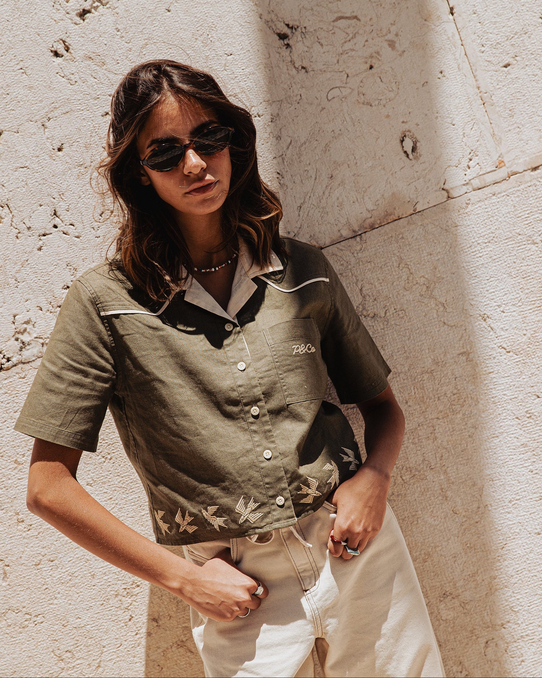 Emmylou Cropped Linen Shirt - Khaki
