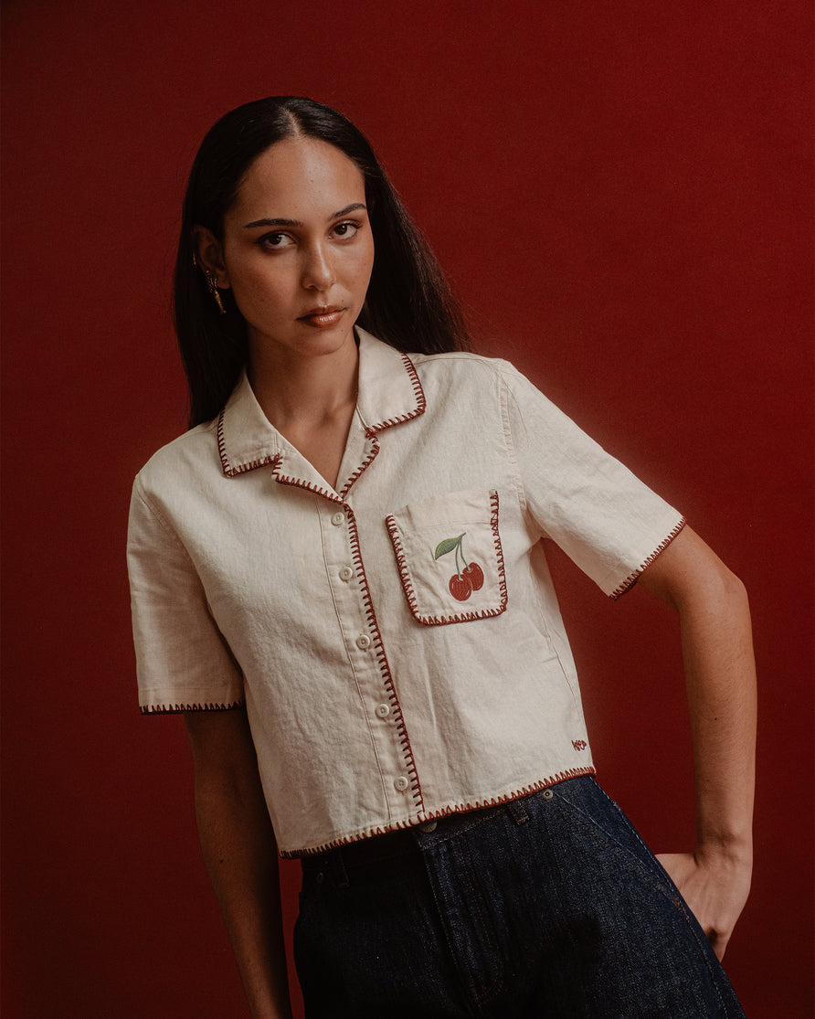 Cherry Embroidered Linen Shirt - Ecru