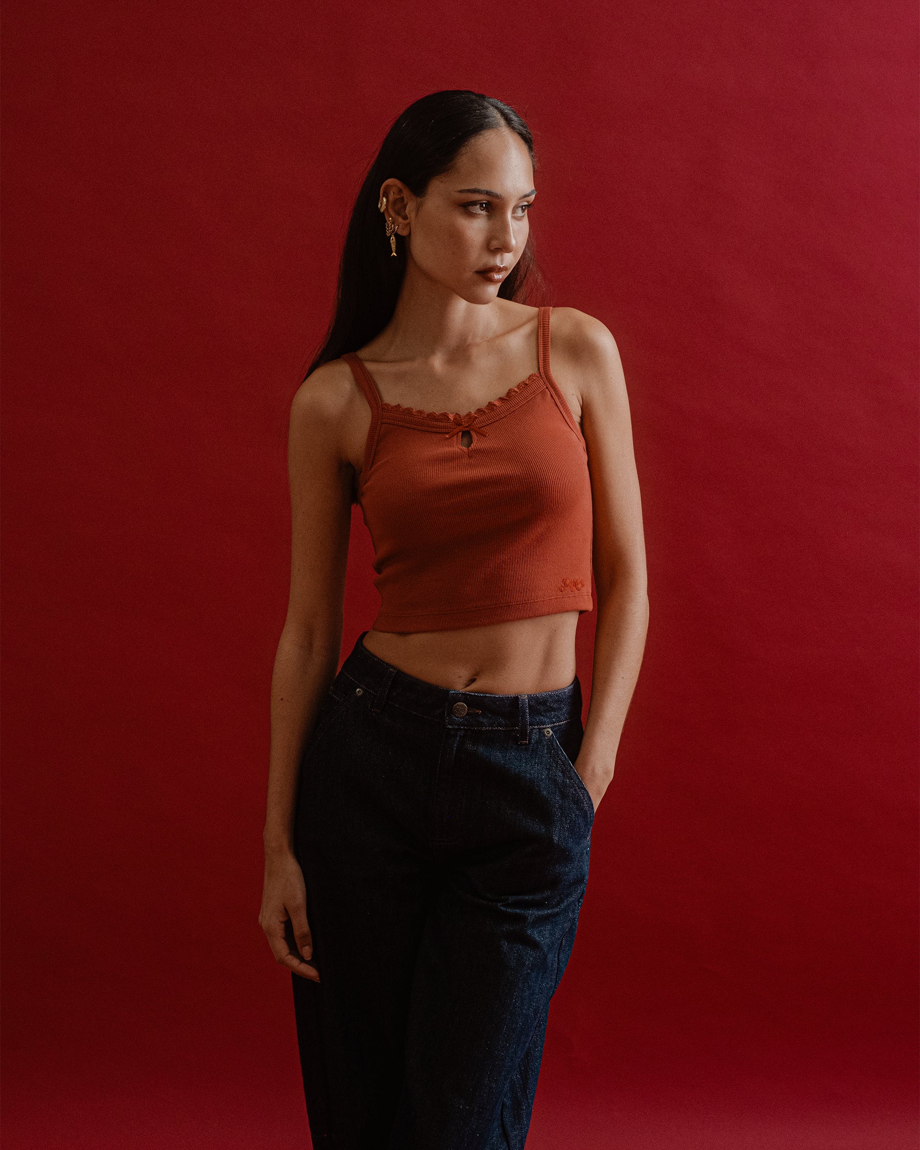 Red Lexie Lace-Trim Ribbed Cami | Women's Tops, Vests, Tanks