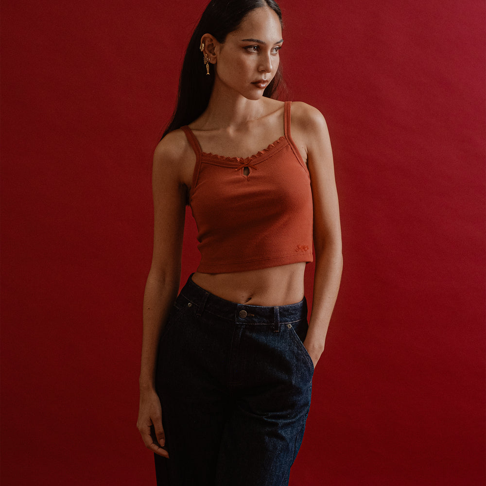 Red Lexie Lace-Trim Ribbed Cami | Women's Tops, Vests, Tanks & P&Co - A ...