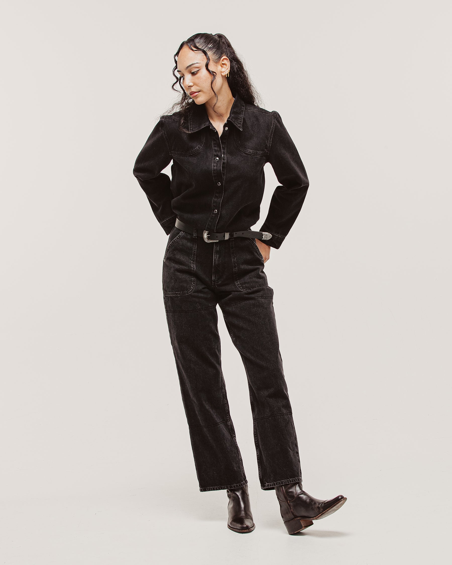 Ryder Embroidered Denim Shirt - Washed Black