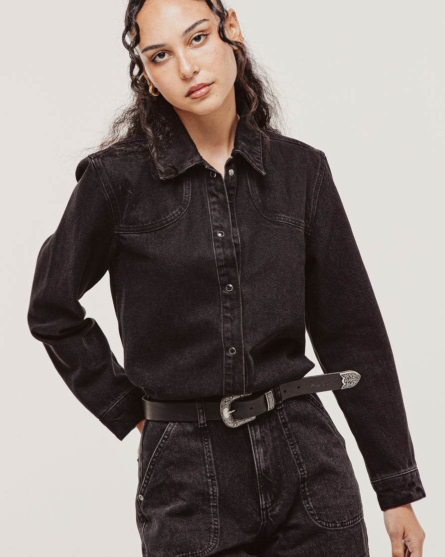 Ryder Embroidered Denim Shirt - Washed Black