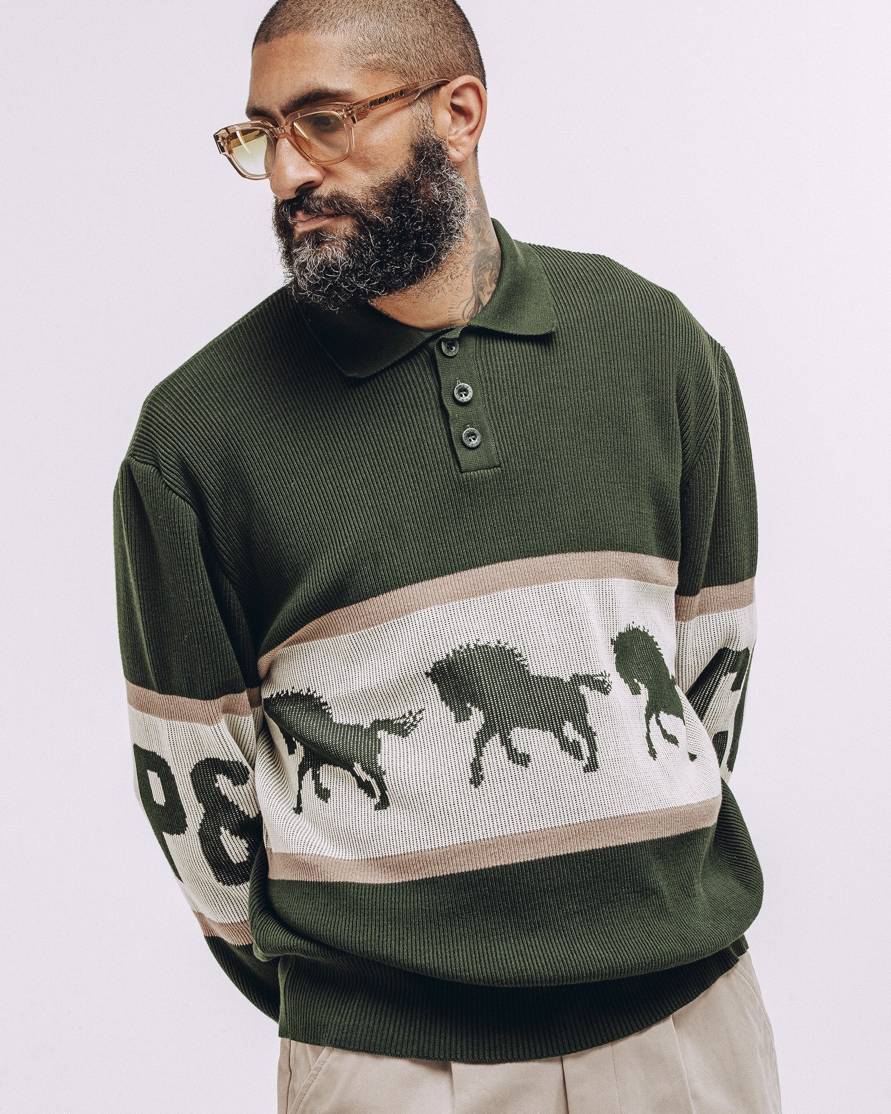Olive Bronco Knitted Polo Shirt | Men's Knitwear ‐ P&Co - A