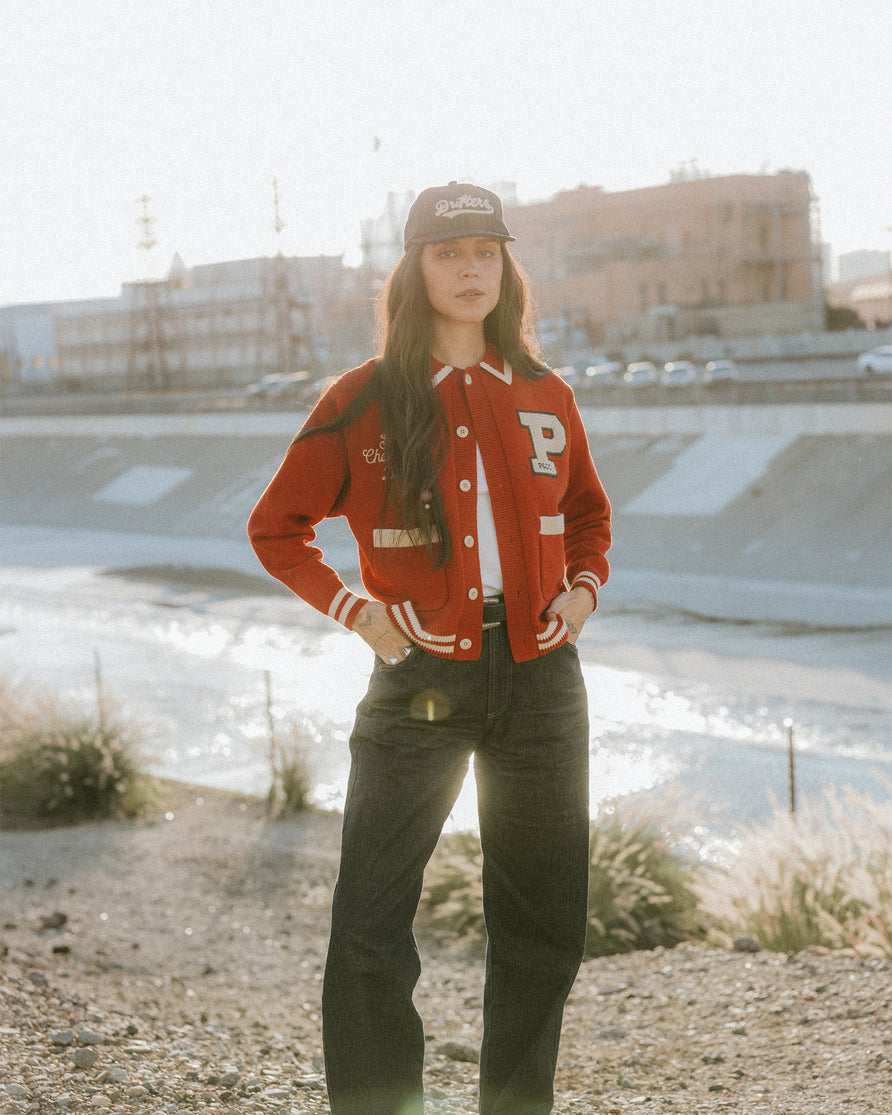 Varsity Knitted Cardigan - Brick Red