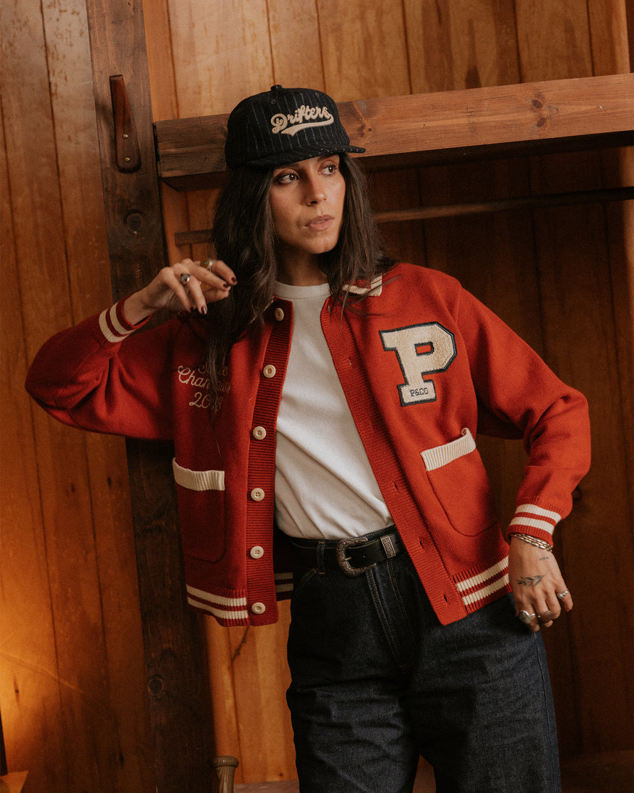 Varsity Knitted Cardigan - Brick Red