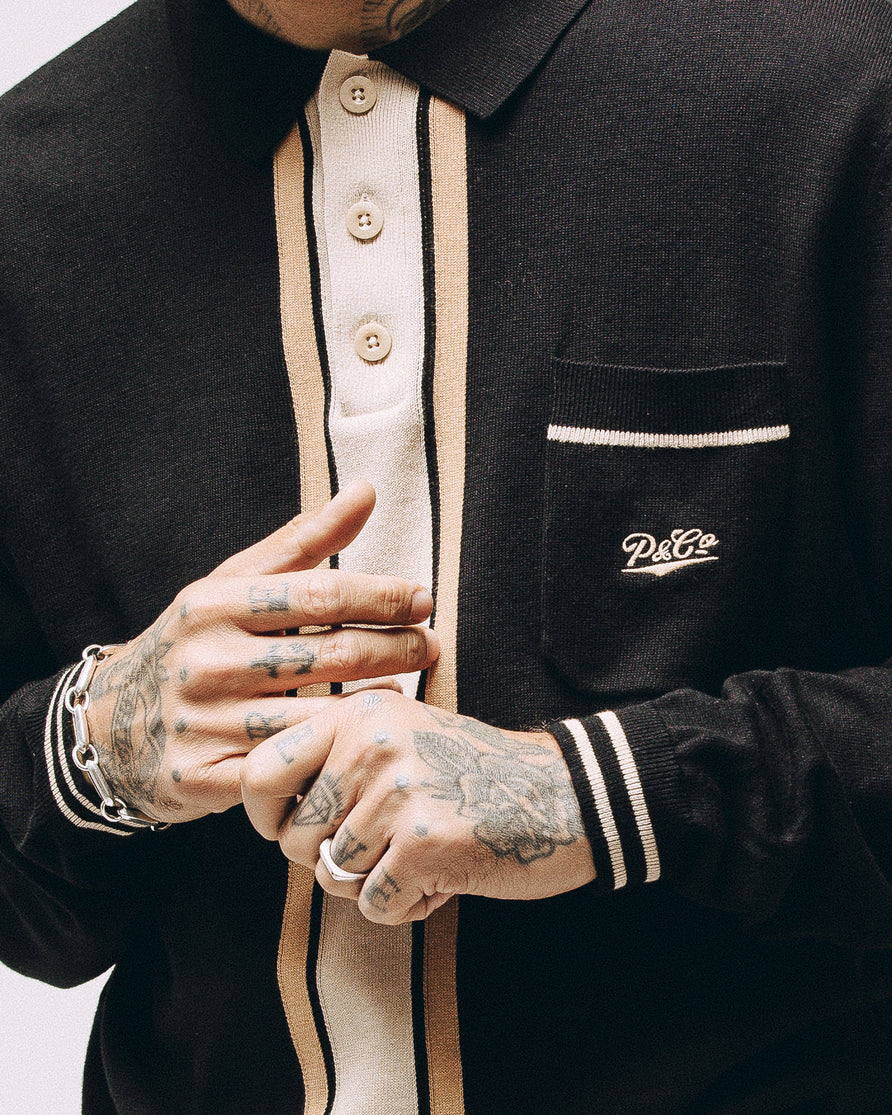 Isaac Longsleeve Knitted Polo - Black