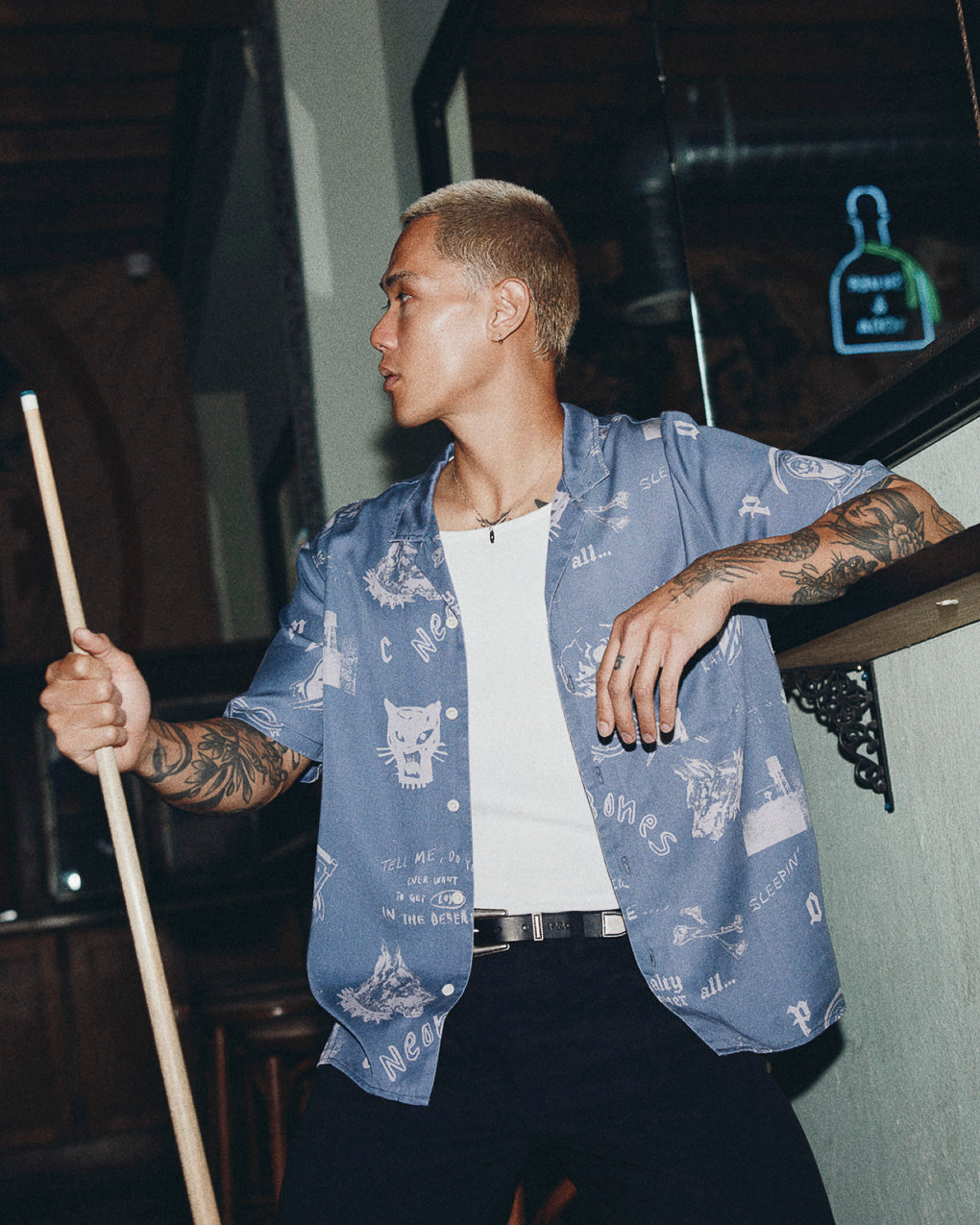 Neon Bones Bowling Shirt - Smoke Blue