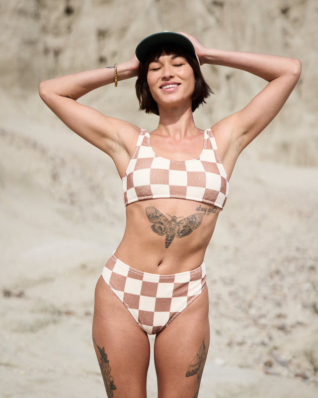 Checkerboard Bikini Top - Off White / Brown