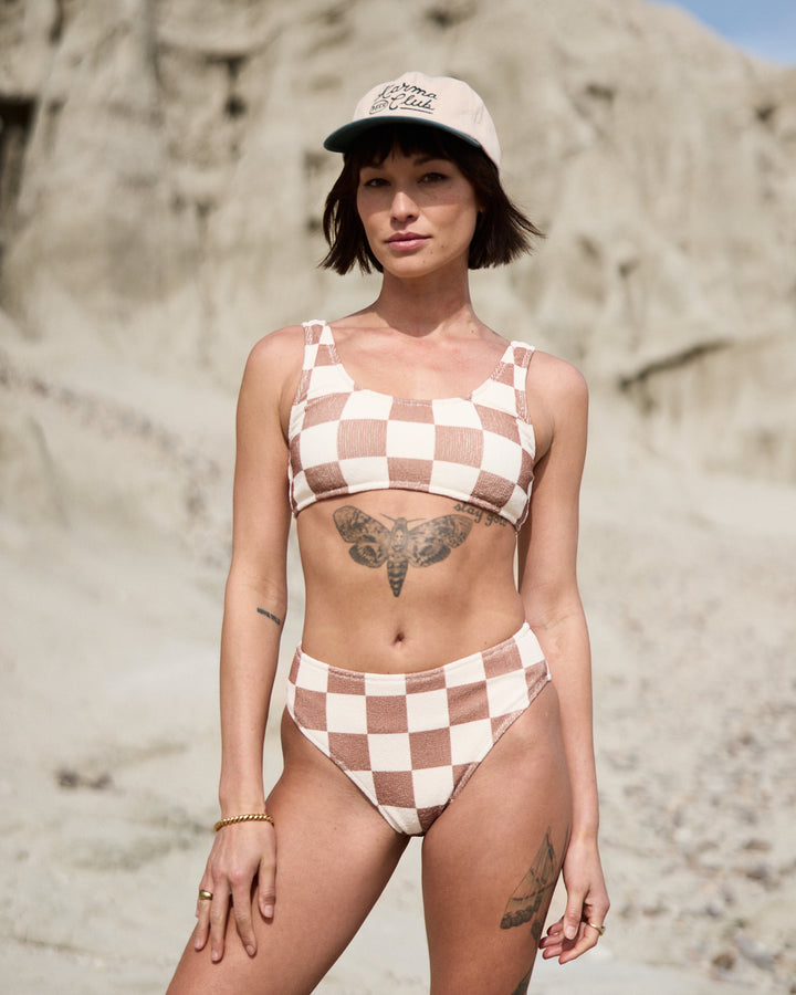 Checkerboard Bikini Top - Off White / Brown