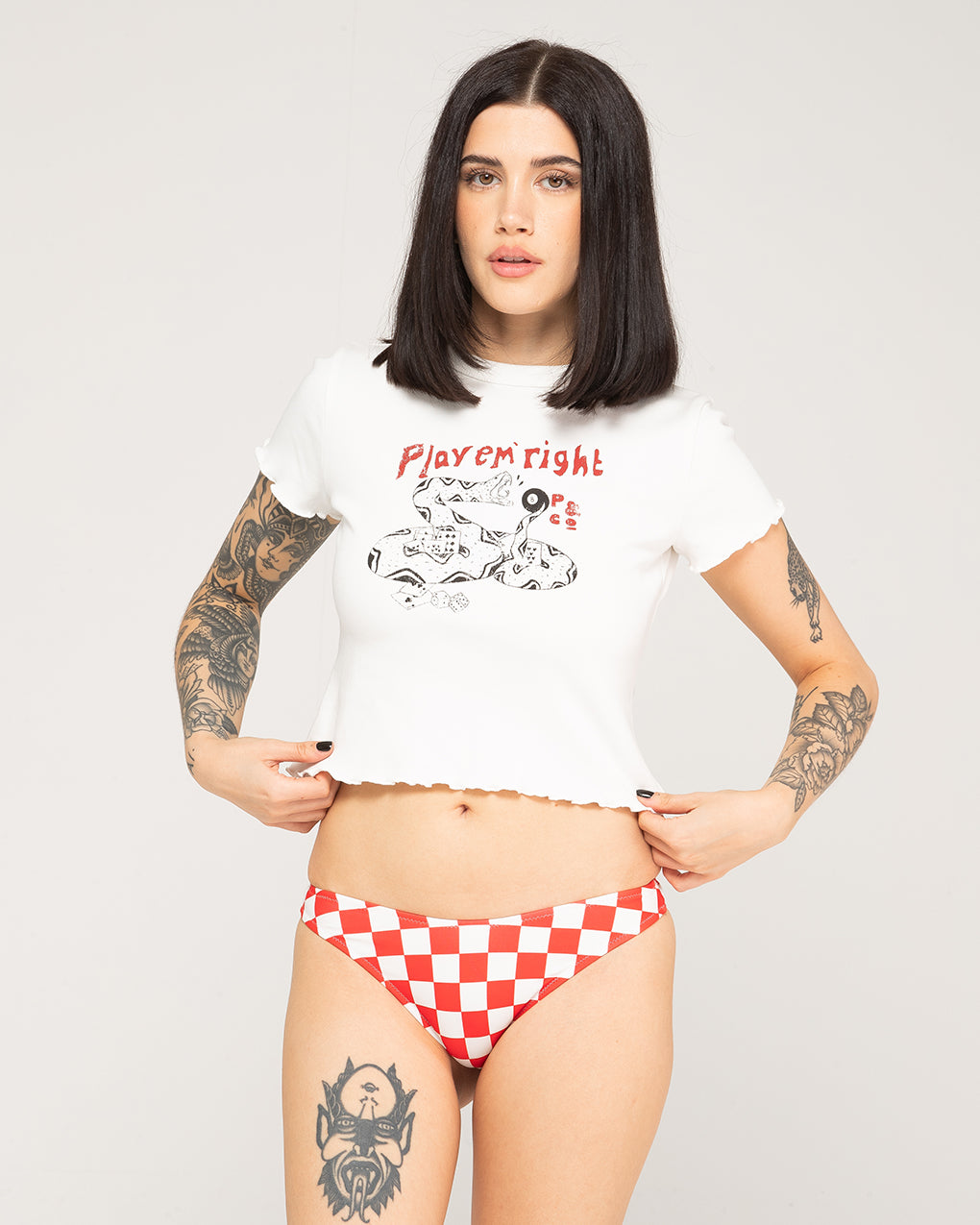 Mini Checkerboard Bikini Brief - Off White & Red