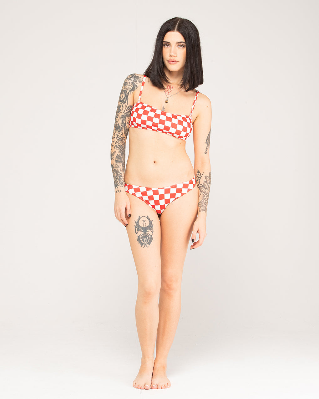 Mini Checkerboard Bikini Top - Off White & Red