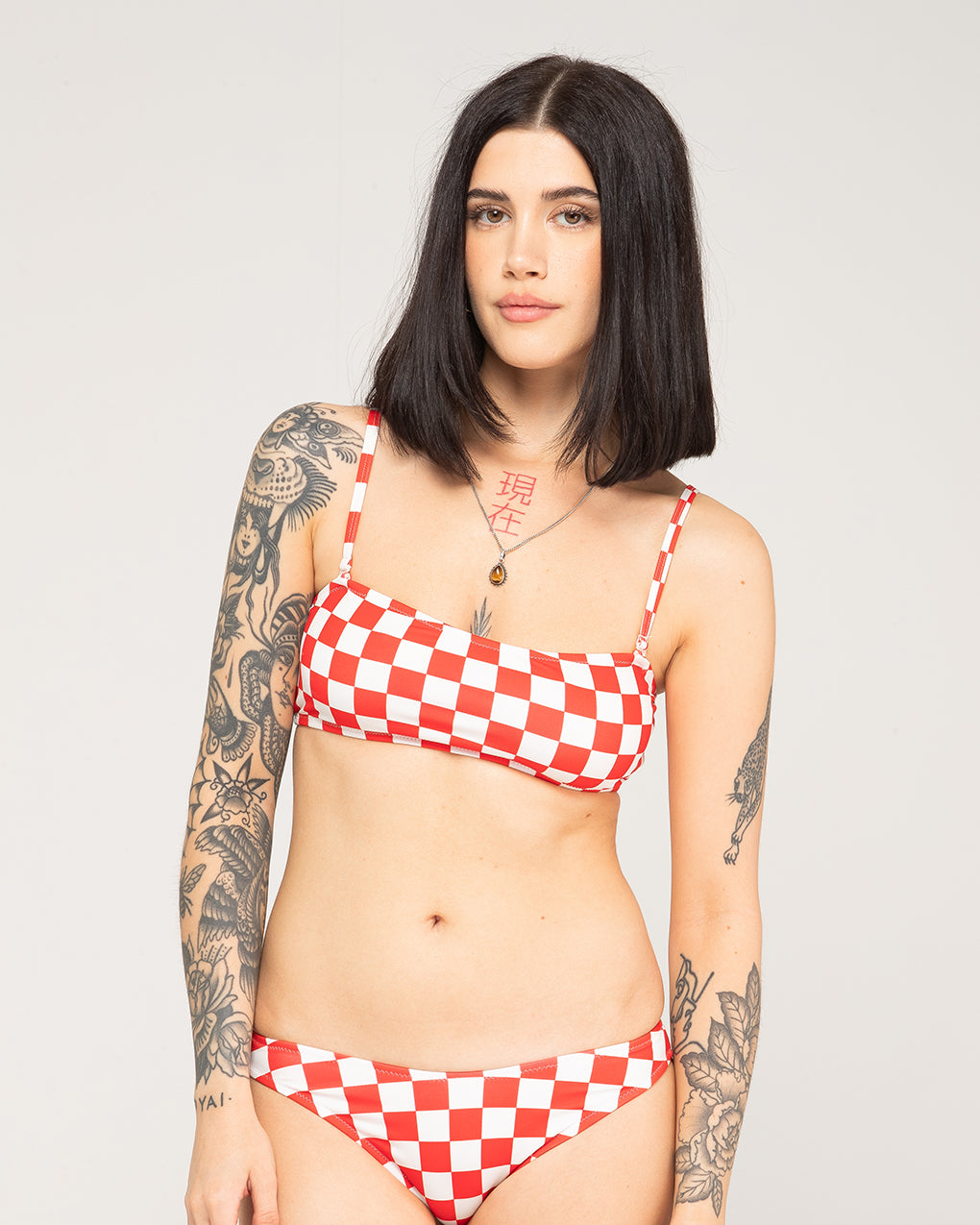 Mini Checkerboard Bikini Top - Off White & Red