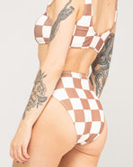 Checkerboard High Waisted Bikini Brief - Off White / Brown