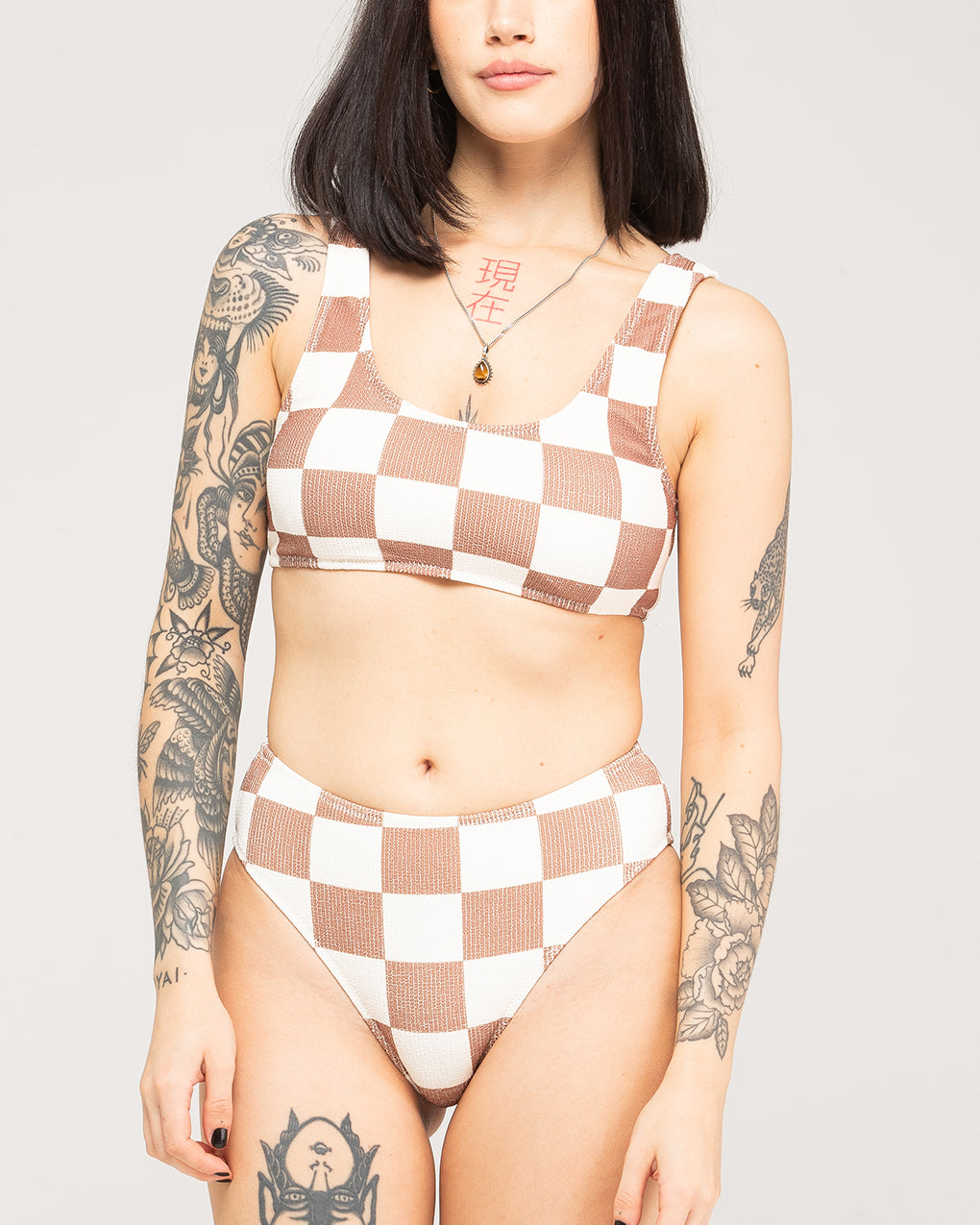 Checkerboard High Waisted Bikini Brief - Off White / Brown