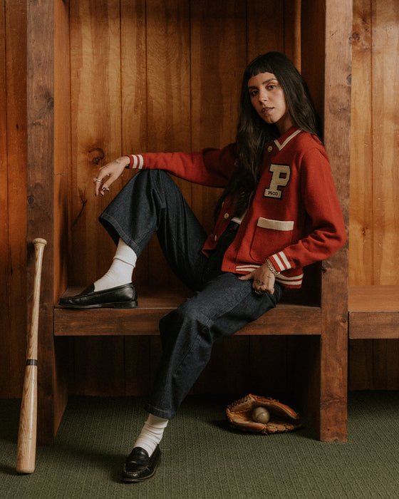 Varsity Knitted Cardigan - Brick Red