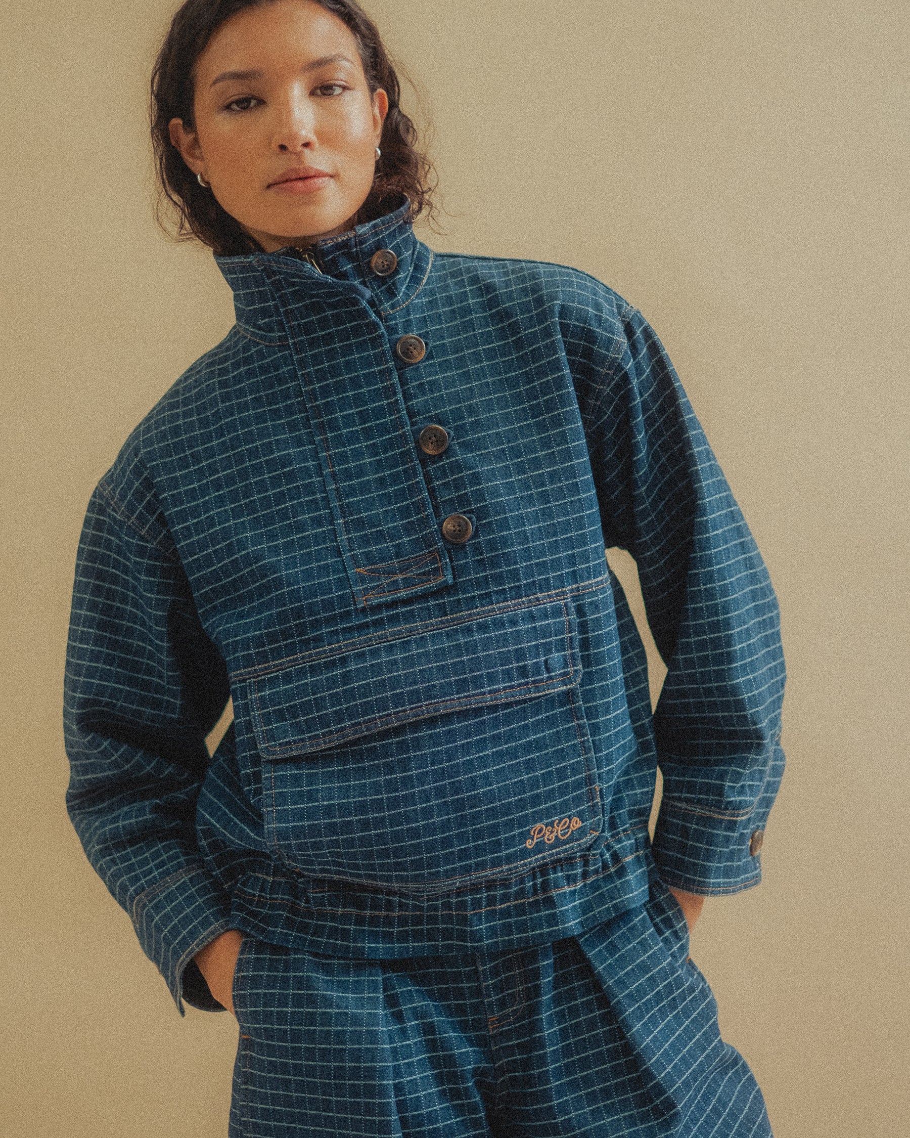 Yama Denim Smock Jacket - Blue Grid Check