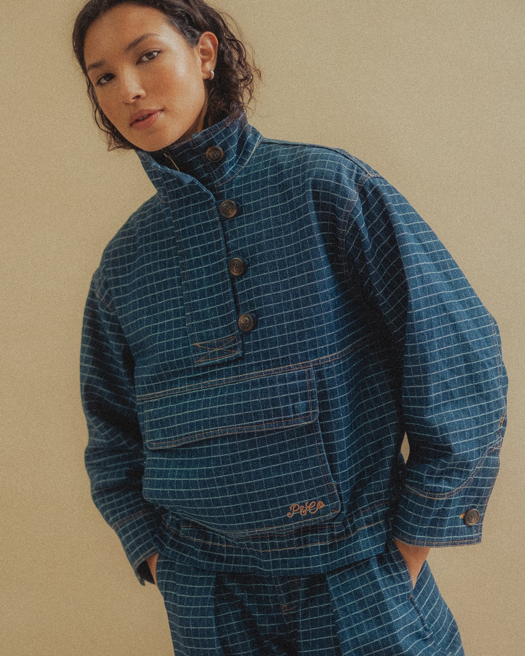 Yama Denim Smock Jacket - Blue Grid Check