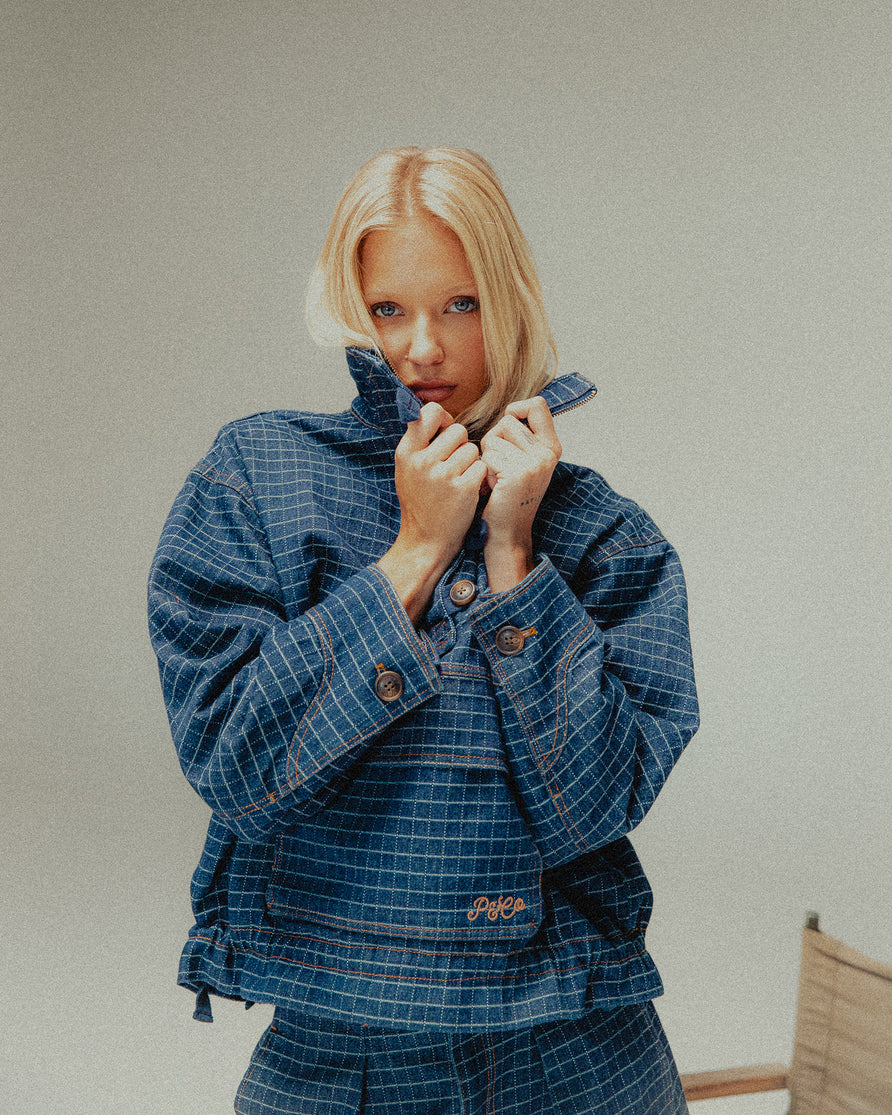 Yama Denim Smock Jacket - Blue Grid Check