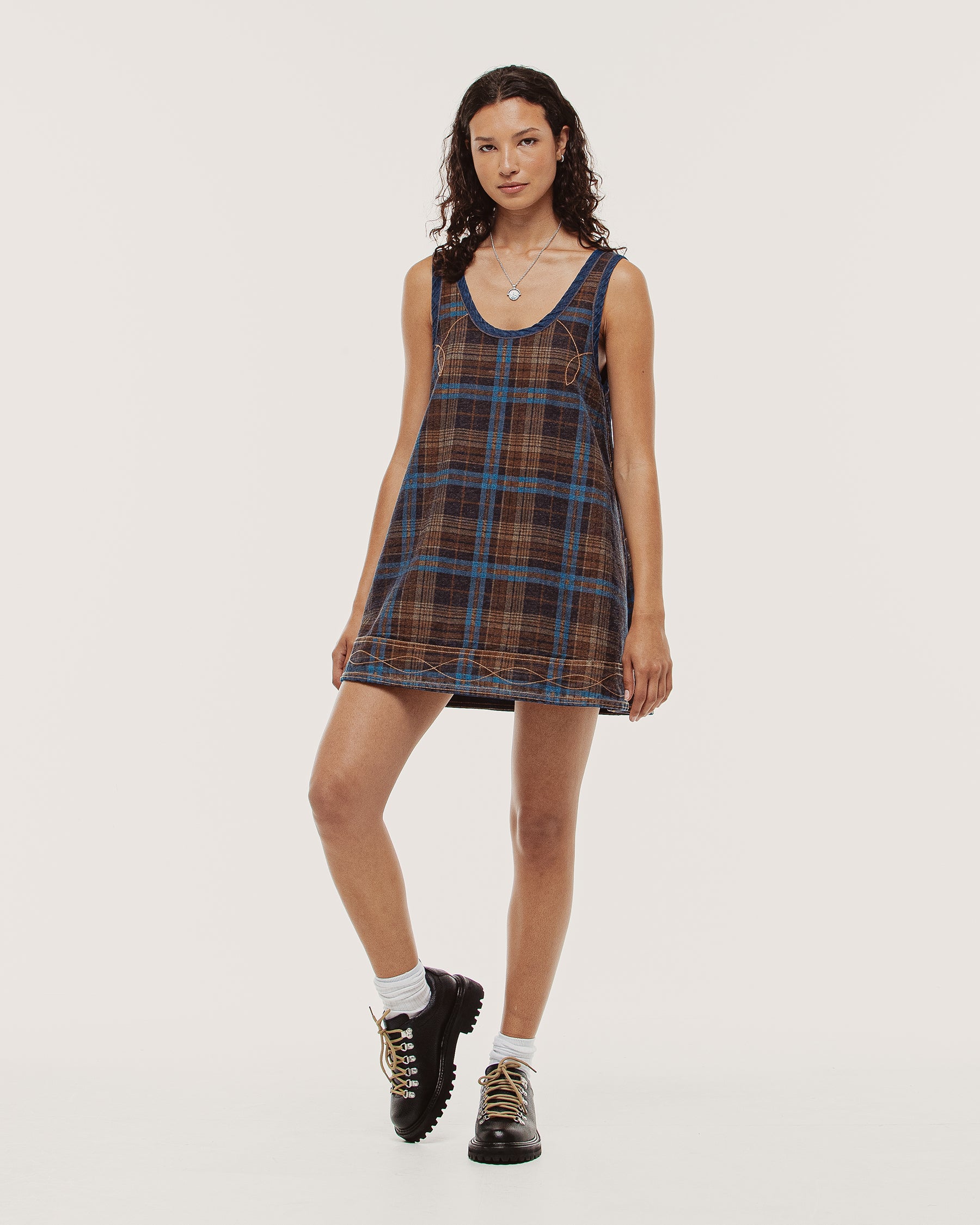 Bella Reversible Mini Denim Dress - Plaid & Raw Indigo