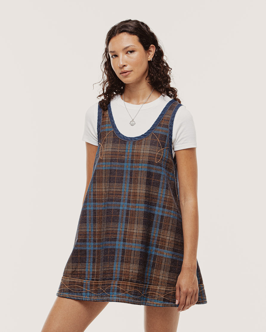 Bella Reversible Mini Denim Dress - Plaid & Raw Indigo