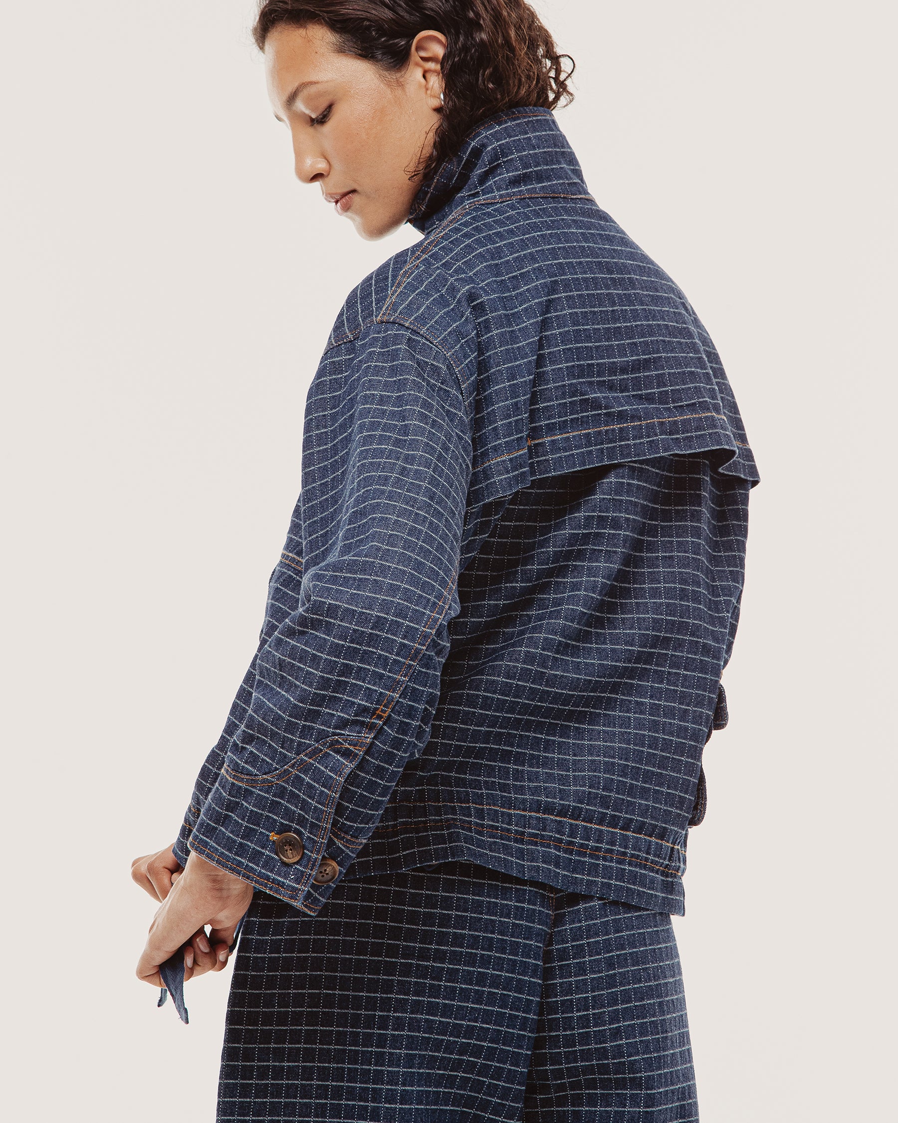 Yama Denim Smock Jacket - Blue Grid Check