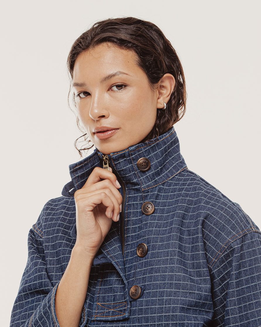 Yama Denim Smock Jacket - Blue Grid Check