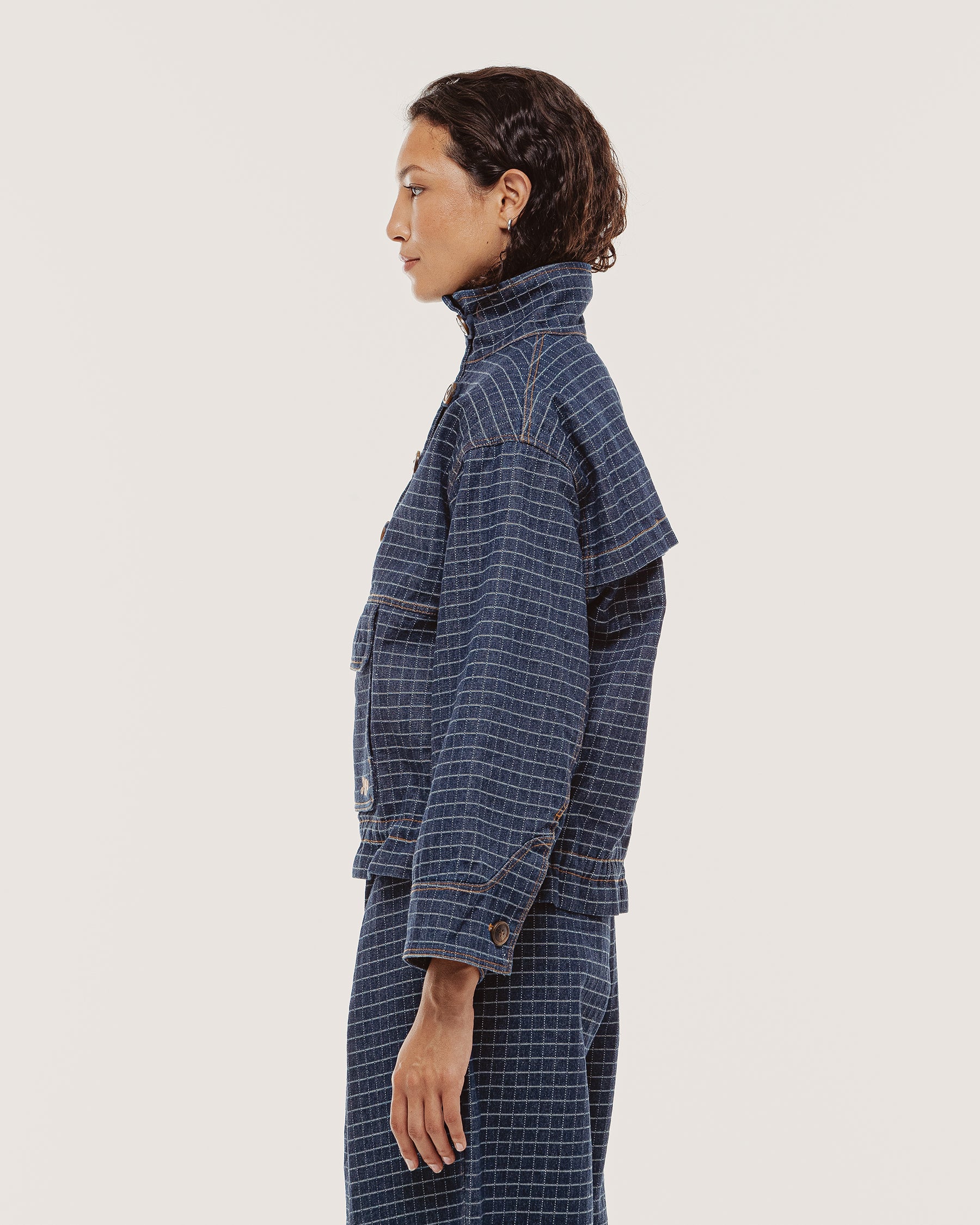 Yama Denim Smock Jacket - Blue Grid Check