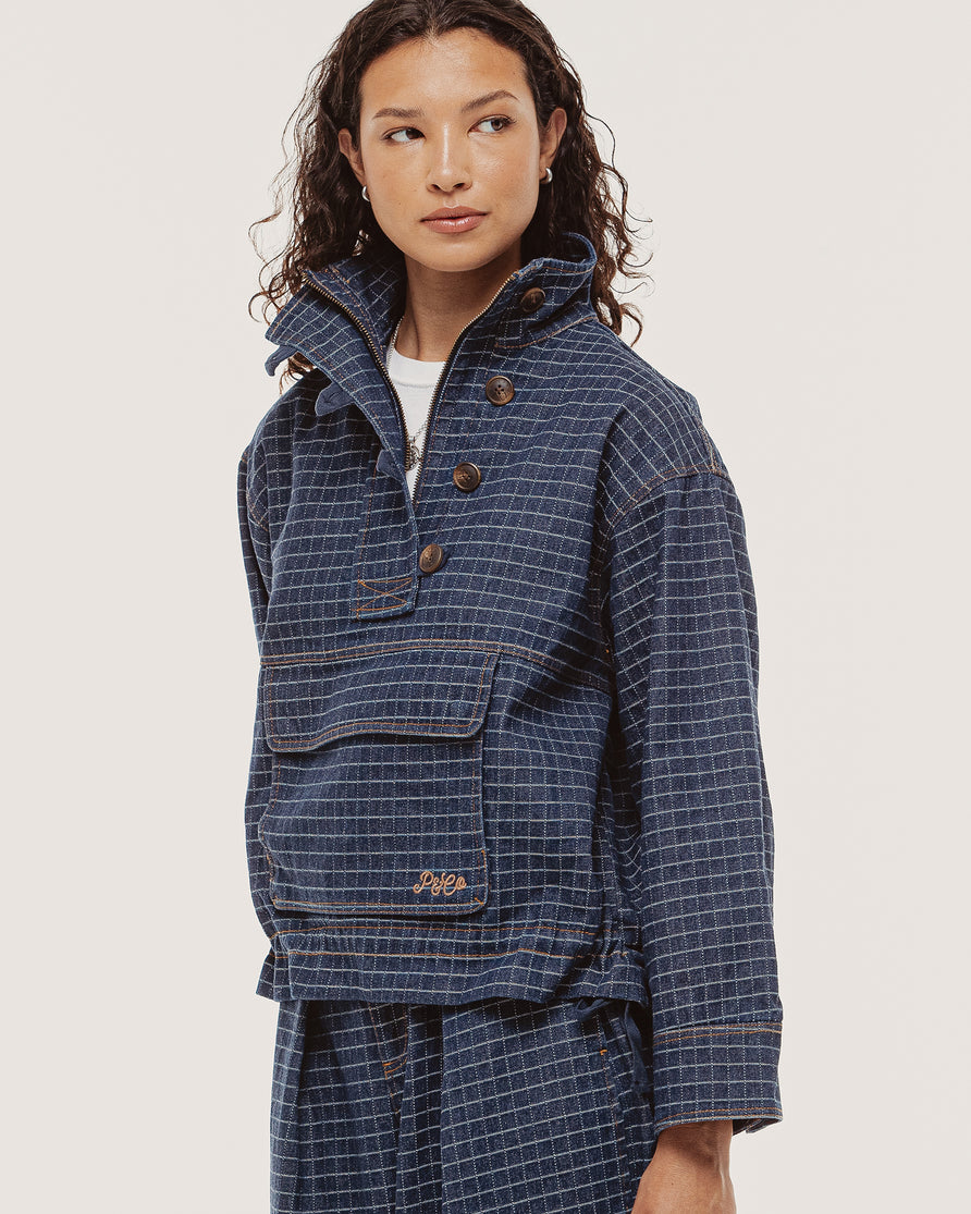 Yama Denim Smock Jacket - Blue Grid Check