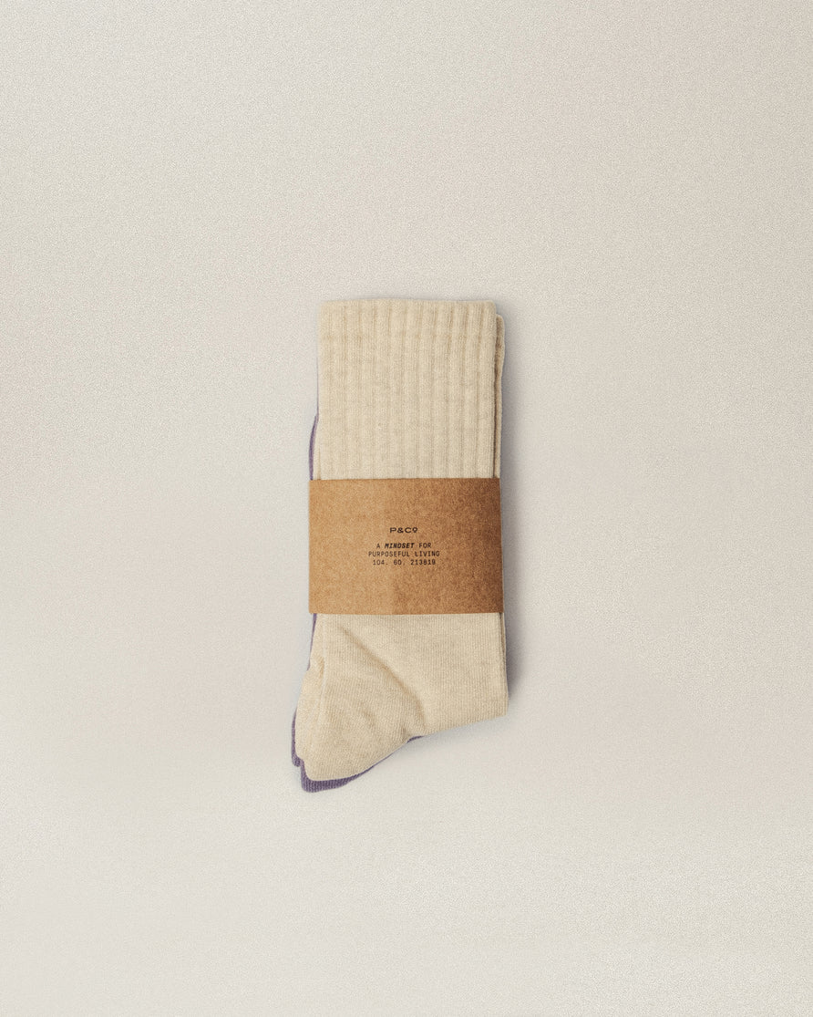 P&Co Chunky Ribbed Socks - Ecru & Purple