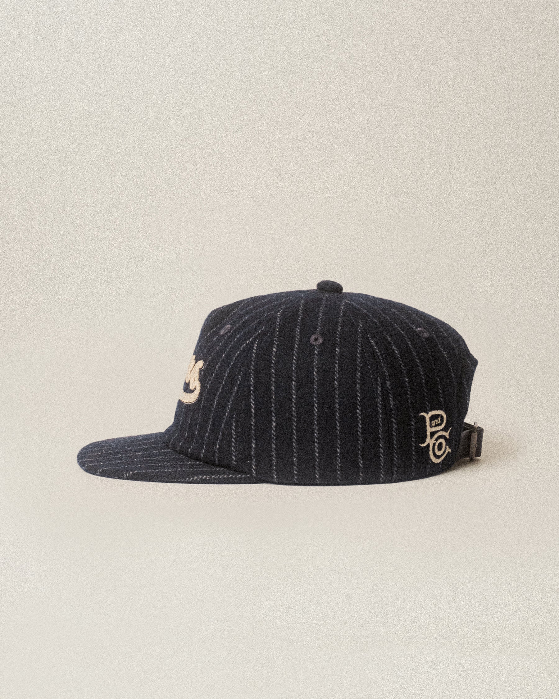 Navy Pinstripe Drifters Wool 5 Panel Cap | Hats & Beanies ‐ P&Co
