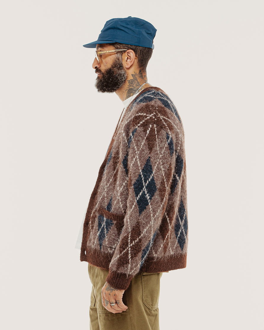 Fairway Brushed Cardigan - Brown Argyle